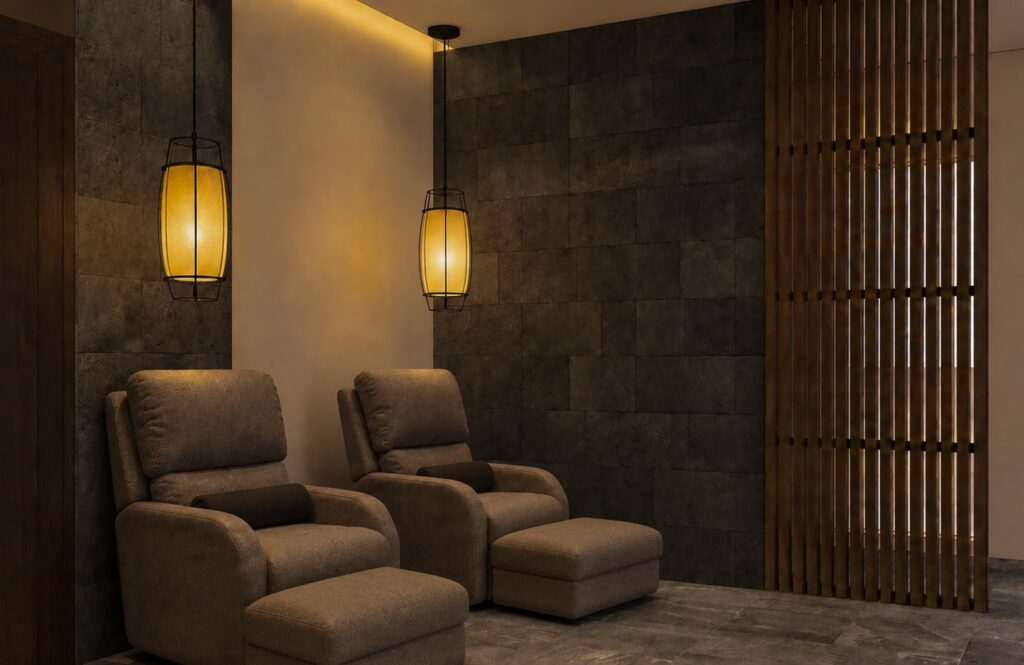 Reflexology lounge at Onyx Spa with reclining chairs under lantern lights